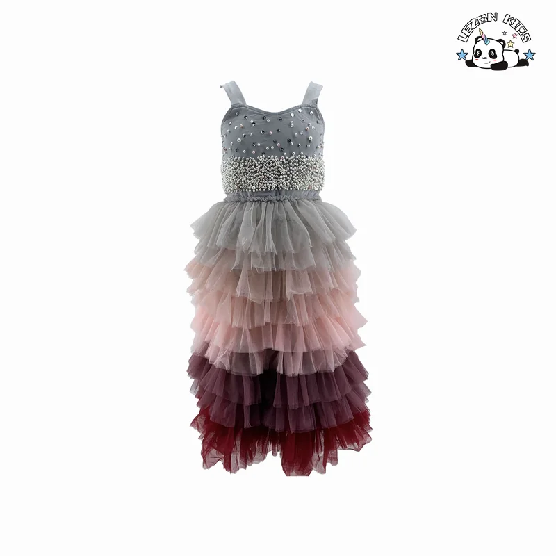 LEZONKIDS - Vestido de Festa para Meninas Elegante de Verão com Camadas de Rede e Pérolas Personalizadas